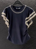 Pbong  Summer Neqw O-neck Beading Tops Mujer Patchwork Flying Sleeve Loose Tee Shirt Fashion All-match T-shirt For Women