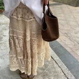 Korean Fashion Skirts Gentle Heavy Industry Vintage French Hollow Out Hook Flower Design Knit Skirt Vintage A-line Skirt