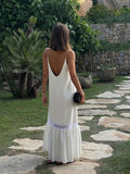 Elegant White Satin Drawstring Tie Backless Long Dress Women High Waist Square Neck Slim Sling Dresses New Sexy Beach Robes