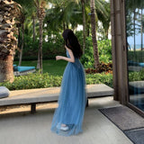 Women's Summer Mesh Tulle Beach Maxi Dress Sleeveless Spaghetti Strap Backless Long Dress Elegant Evening Party Slip Dresses New