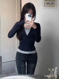 Vintage Fashion All Match Fake Two Piece Shirts Korean Spring Autumn Popular High Street Girl Tops Spliced Color Slim Clothing