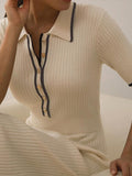Women Casual Short Sleeve Bodycon Knitted Dress Elegant Polo Neck Button Midi Dresses Lady Fashion Contrast Slim Sweater Vestido