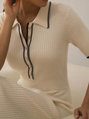 Women Casual Short Sleeve Bodycon Knitted Dress Elegant Polo Neck Button Midi Dresses Lady Fashion Contrast Slim Sweater Vestido