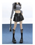 Leather Skirt Black Punk Women Sexy Pleated Grunge Vintage Mini Skirt Y2k Gothic Streetwear A-line Ladies Retro Skirts