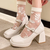Pbong  Vintage Chunky High Heels Mary Jane Shoes for Women Patent Leather Platform Pumps Woman Square Toe Thick Heel Black Lolita Shoes