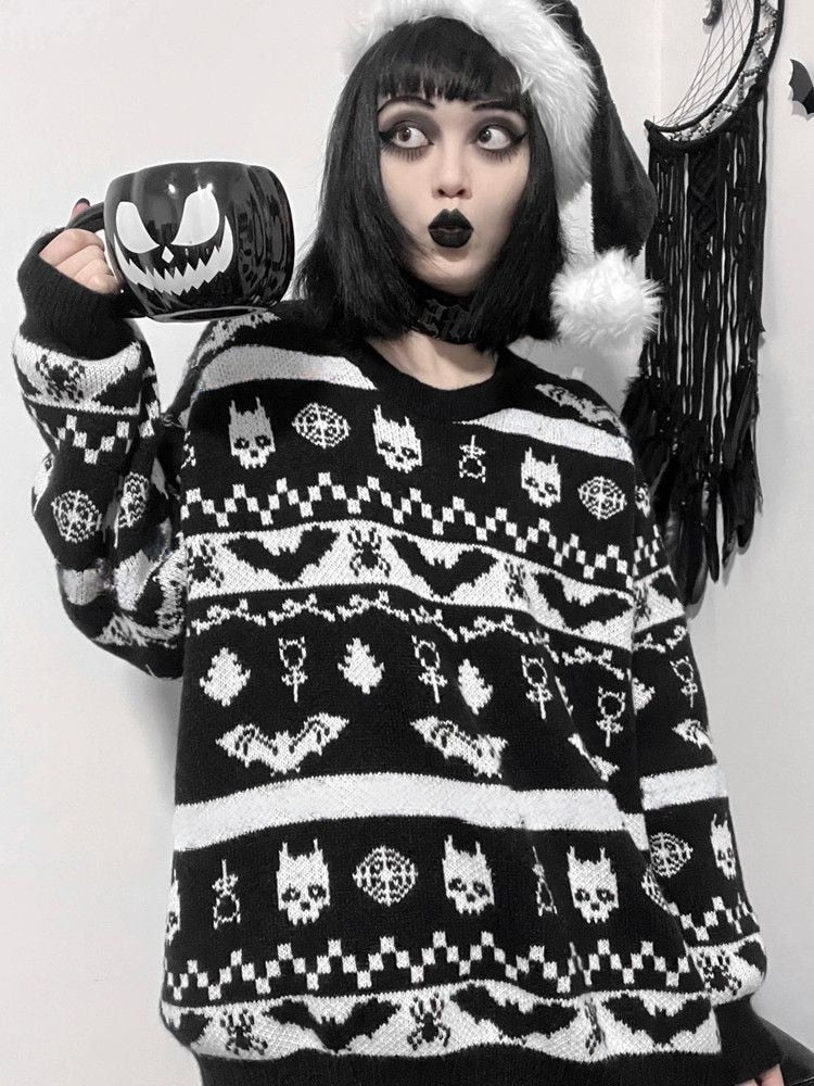 Halloween Dark Gothic Skull Punk Retro Bat Pattern Autumn Winter Soft Warm Knitted Sweater Women's Pullover