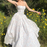 Pbong  Summer Floral Print Spaghetti Strap Dress Women Elegant High Waist Strapless Party Vestidos Female Boho Chic Beach Long Dresses