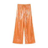 Pbong  Sequin Loose Lace Up Pants Women Casual Elastic Low Waist Wide Leg Trousers Female Summer Lady Shiny Party Club Pant New