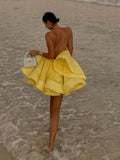 Sexy Backless Lace-up Loose Pleated Hem Mini Dress Women Sleeveless High Waist A-line Dresses New Yellow Vocation Partywear