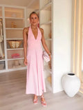 Pink Sexy Party Long Dress New Halter V Neck Backless Slim Women Dress Vaation Beach Pleat A-line Vestidos 2025 Summer New