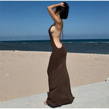 Pbong  Stretchy Ribbed Button-Detail Open-Back Maxi Dress Slim Fit Sleeveless  Summer Chic Women Dress Trendy Elegant Lady Vestido