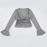 Pbong  Temperament French High Street Sexy Deep V Neck Long Sleeve Shirt Fashion Cross Pleated Design Lazy Fake 2 Piece Y2k Elegant Top