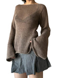 Y2K Tie Back Sweaters Women Long Sleeve Boat Neck Solid Color Knitted Pullover Casual Crochet Tops Fall New