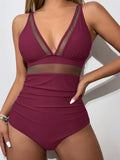 2025 Women's Beach Swimwear Solid Color Sheer Mesh Panel Plunging Neck One-piece Swimsuit