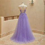 Pbong  Lace Applique Sparkly Tulle Prom Dresses for Women with Slit Spaghetti Straps Backless A Line Long Ball Gown