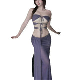Fashion 2-Piece Set Women Bandage Hollow Vacation Backless Sleeveless Tops+Mesh Folds Elasticity Skirts Matching Suits