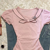 Pbong  2000s Harajuku Vintage Tops Japanese Style Sweet Bow Polka Dot T Shirts Y2k Casual Short Sleeve Korean Fashion Lolita Tees Chic