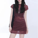 American Fashion Korean Cool Plaid Thin Slim T Shirts Y2k Aesthetic High Street Short Skirts Casual Punk Vintage Two Piece Sets