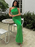 Halter Backless Sexy Maxi Dress Women Summer New Inclined Shoulder Sleeveless High Waist Bodycon Elegant Long Dress