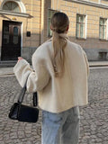 Chic Contrast Spliced Lapel Women's Lamb Wool Jacket Casual Zipper Thick Long Sleeve Coat New Ladies Warm Commute Outerwear