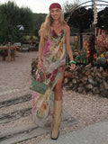 Sexy Printed V-neck Halter Long Dresses Women Retro Sleeveless Backless Side Slit Beach Dress Female Fashion High Street Holiday