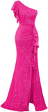 Pbong  Sequin Ruffle Formal Dresses One Shoulder Mermaid Evening Gown Sparkly Long Maxi Dress with Slit