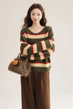 Korean Sweet Striped Sweater Women Sexy V Neck Vintage Knitted Jumper Casual Long Sleeve Female Lazy Wind Pullover Tops New