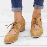 Pbong  Spring Autumn Women's High Heels Retro Nail Hole Carved Brogues Heels Fashion Round Toe Block Heel Lace-up Dress Shoes