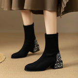 Pbong  new square head boots elegant pearl rhinestone thick heel suede single boots female short boots hundred