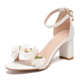 Pbong  Fashion Summer Lace Flowers Pearls Ankle Strap Women Sandals Big Size 35-43 Thick High heels Sweet Girls Party Prom Shoes