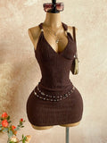 Pbong  Brown Textured Halter Mini Dress with V-Neck and Waist Chain Detail