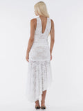 Lace Ruched Sexy Maxi Dress Women Gown White Patchwork Deep V Neck Sleeveless Backless High Waist Long Tank Dress
