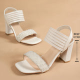 Pbong  Women's Fashion High Heels Sandals with Pearls Summer Square Toe Thick Heeled Dress Sandals Woman Elegant Banquet Party Shoes