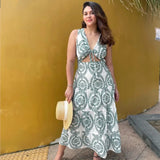 Embroidery Green Women Summer Short Dress 2025 New V-neck Sleeveless Long Dress Chic Fashion Backless Vacation Beach Vestidos