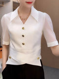 Pbong  Women's Polo Collar Short Sleeve Shirt Summer Slim Fit Premium Versatile Casual Tops High End Texture
