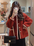Red Faux Lamb Sweet Coat Women Korean Long Sleeve Winter Warm Jacket Vintage Casual O Neck Elegant Pearls Buttons Cute Tops