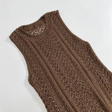 Slim Fit O Neck Hollow Sleeveless Knitted Short Dress Solid Color Brown Streetwear Women Dress Fashion Retro Vestidos New