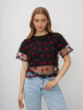 New Heart Print Mesh Splicing Color T-shirt For Women Y2k Cotton Short Sleeve Tee Top Rpund Neck Fashion Tshirt 2025 Summer