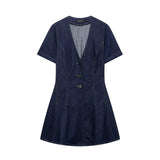 Three Button V Neck Street Chic Demin Dress Women Dress  New Short Sleeve A-line Summer Dresss Fashion Retro Woman Clothing