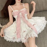 Pbong  Sweet Princess Big Bow Camisole Dress Patchwork High Waist Lace Layered Mini Dress Sexy Backless Party Evening Vestidos