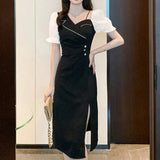 Temperament Sweet Summer Dresses Women's V-Neck Button Pleated Patchwork Split Elegant Short Sleeve Slim Midi Fairy A-line Dress