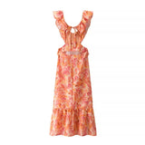 Pbong  Colorblock Loose Spliced Printing Dresses for Women V Neck Sleeveless Patchwork Hollow Out Dress Female Clothing