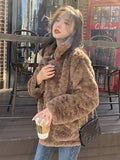 Faux Lamb Vintage Coat Women Long Sleeve Winter Warm Sweet Jacket Korean Casual Female Pockets Solid Slim Retro Outwear Top