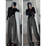 Fall Winter Elegant Gray Suits Pants for Women Office Lady High Waist Wide Leg Fashion Trousers with Pockets Black Pants