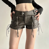 Pbong  Safari Style Bandage Pu Leather Shorts Sexy Slim Pocket Low-Waisted Shorts Women Summer Fashion Streetwear Punk Style Lady