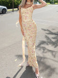 Sweet Chic Floral Print Fish Bone Tube Top And Long Skirt 2 Piece Set Tight Tank + Zipper Skirt Vacation Party Woman Sets 2025