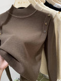 Gold Button Mockneck Sweater Women Pullovers Long Sleeve Turtleneck Soft Rib Knit Fit Jumper Warm Tops Fall Winter Basic Outfit