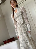 Autumn Print Floral Vintage Long Dress Women V Neck Long Sleeve Bandage Irregular Ruffled Dress Casual Evening Party Dresses New