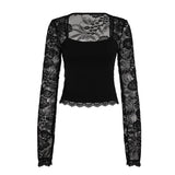 Pbong  Sexy Patchwork Lace T Shirt Slim Hollow Out Square Collar Long Sleeve Tees Women Autumn Spring Fashion Streetwear Ladies