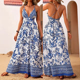 Elegant Long Printed Dress Deep V-Neck Back Crossed Cross-Border Women's Fashion Dress Sleeveless Ankle-Length China Origin